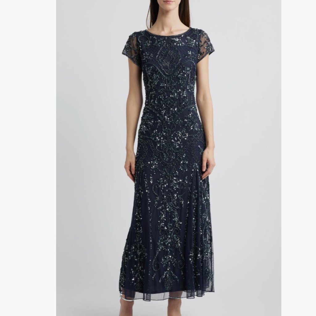 Nwt Pisarro Nights Luxury Dress-Beaded Navy Blue Maxi Formal -Size 10
